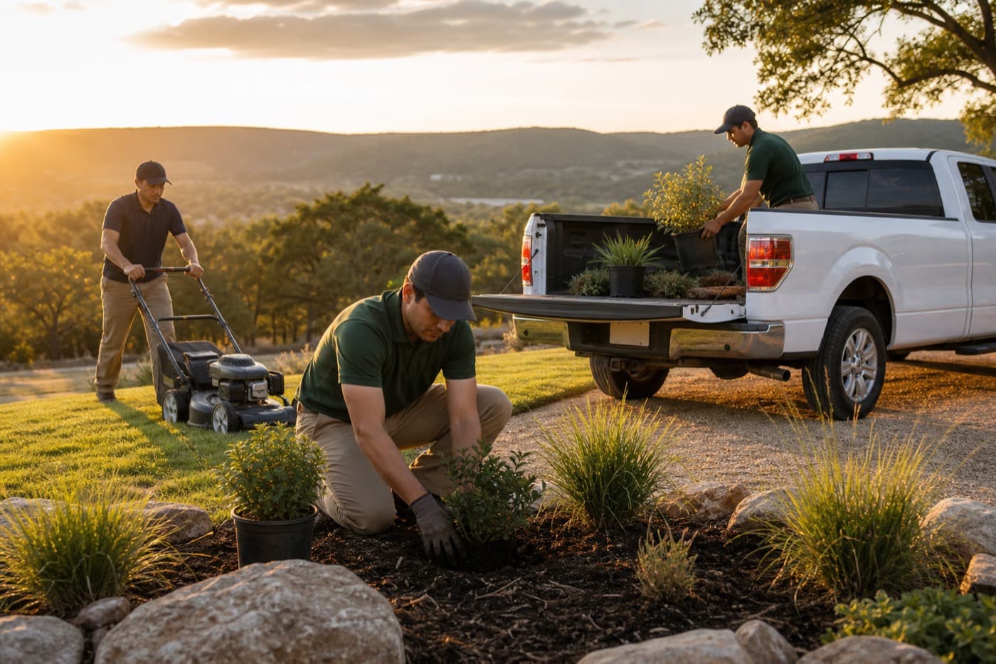 Stitch Monkeys landscape crew working outdoors at golden hour
