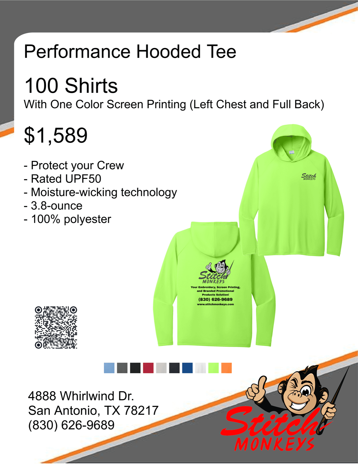 100 performance hooded tees with left chest and full back screen print for $1,589