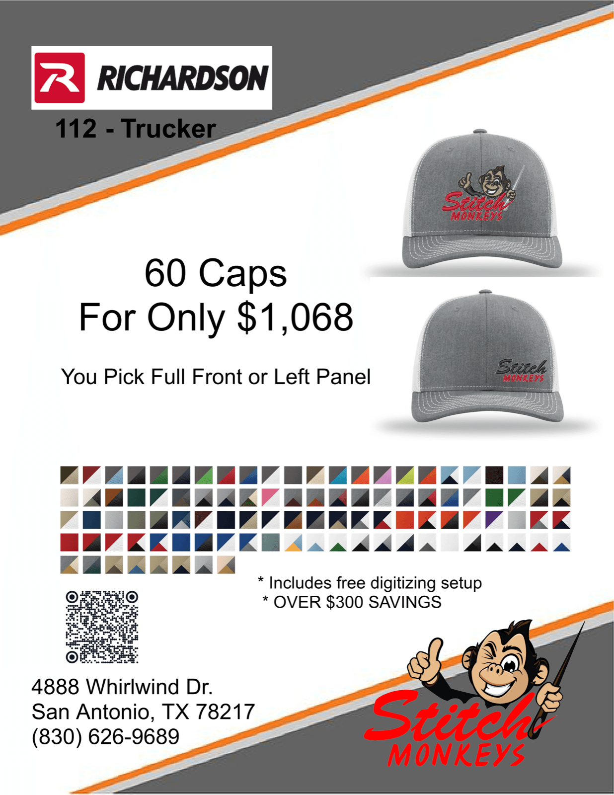 60 Richardson 112 trucker caps embroidered for $1,068